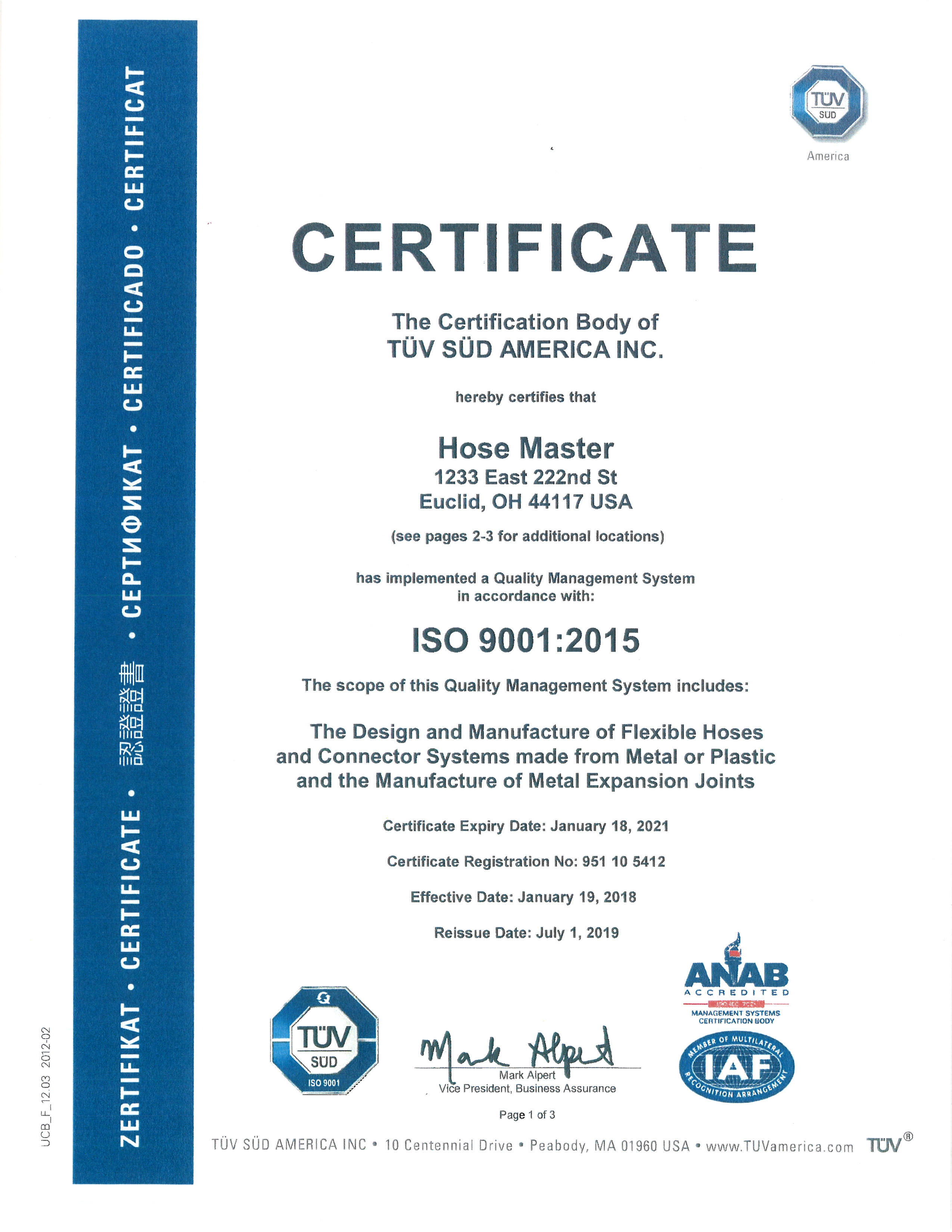 Hose Master ISO 9001-2015 Certificate Cleveland, Houston, Atlanta, and Reno
